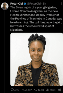 What Peter Obi Said After A Nigerian Was Appointed Minister in Canada
