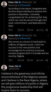 What Peter Obi Said After Nigerian Was Appointed Minister in Canada
