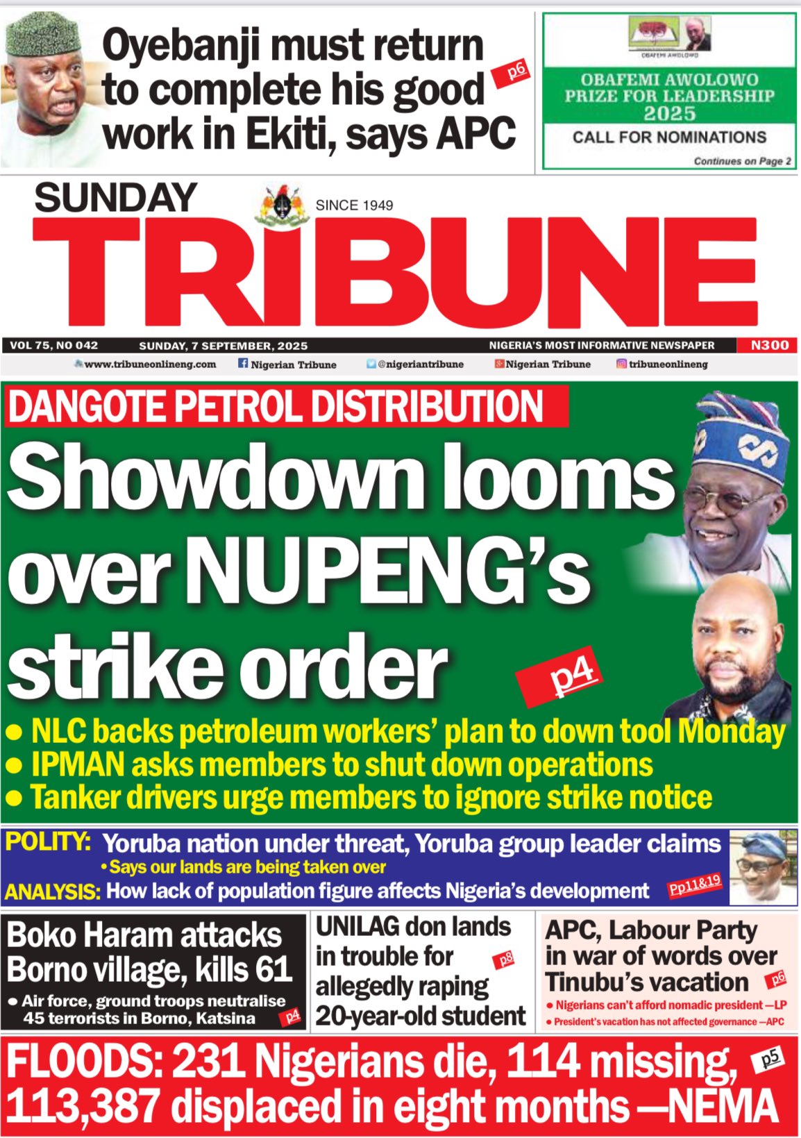 Tribune Newspaper Headlines in Nigeria Today, 7th September, 2025